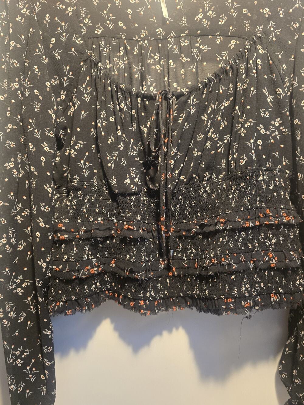 Free People Lolita Floral Smocked Blouse L Black Cottage Peasant Top Semi Sheer